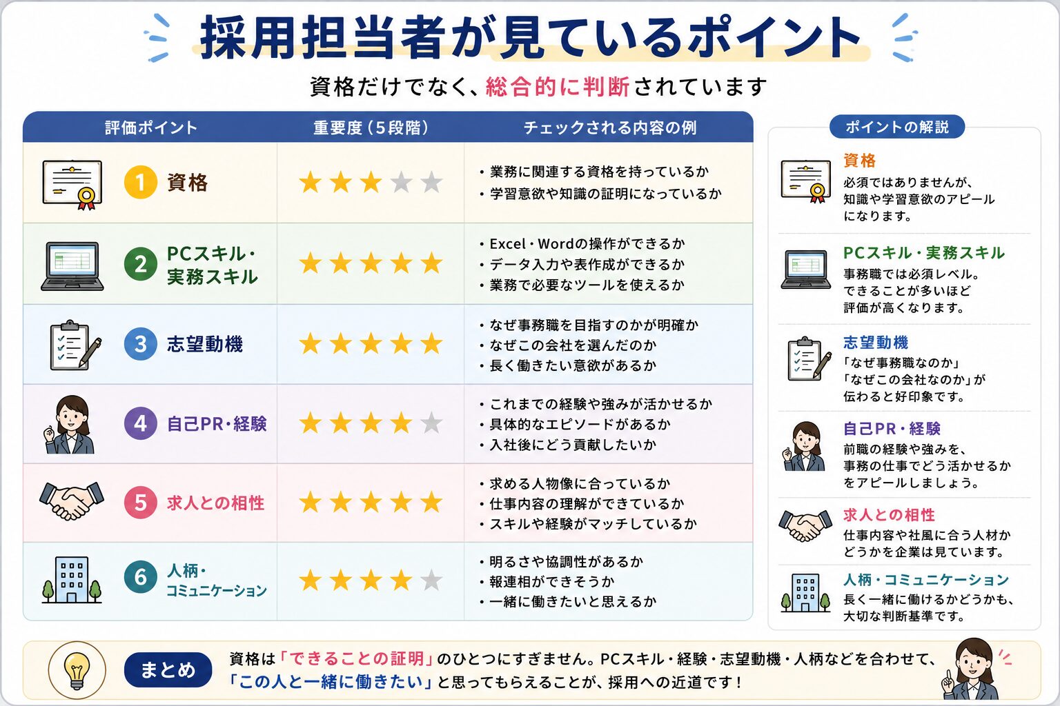 採用担当者が事務職の応募者を見るポイントをまとめた図解
