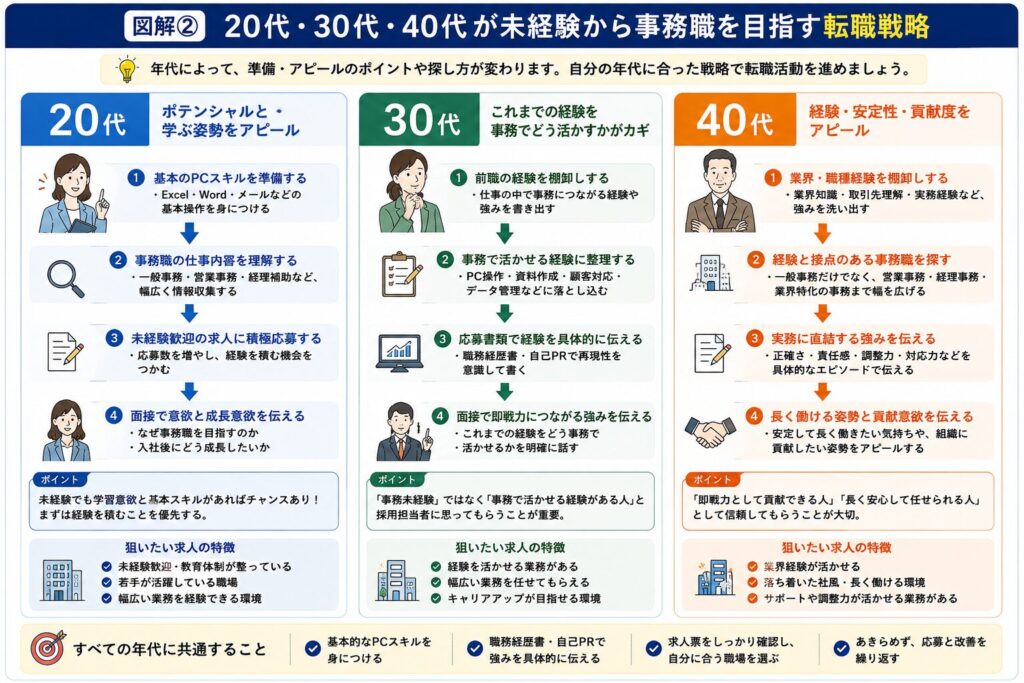 20代・30代・40代が未経験から事務職を目指す転職戦略の図解